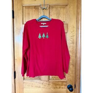 Carolyn Taylor Woman 2X Red Christmas Tree Embroidered Long Sleeve Top Vintage